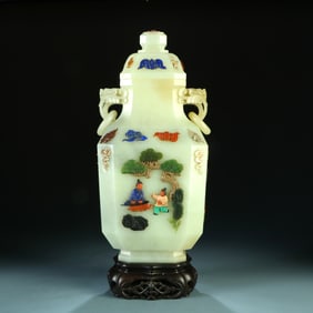 A HETIAN JADE DUOBAO 'FIGURAL'VASE WITH HANDLES