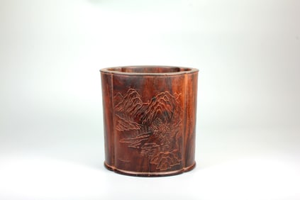 A ZITAN 'LANDSCAPE' BRUSH POT