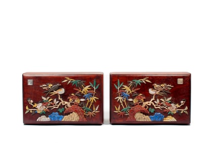 A PAIR OF HUANGHUALI 'BIRD AND FLORAL' BOXES AND COVERS