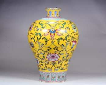 A YELLOW BASED YANGCAI 'LOTUS'VASE,MEI
