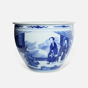 A BLUE AND WHITE 'FIGURAL AND BIRD' BASIN