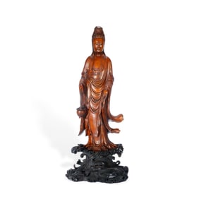 A BOX WOOD GUANYIN AND BASE