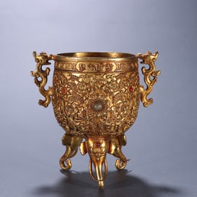 Gilt Bronze Carved Flower Pattern Double Dragon Ears Cup