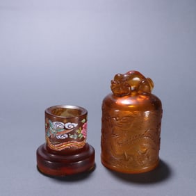 Glassware Carved Dragon Pattern Lid Box and Glassware Carved Flower and Bird Pattern Thumb Ring