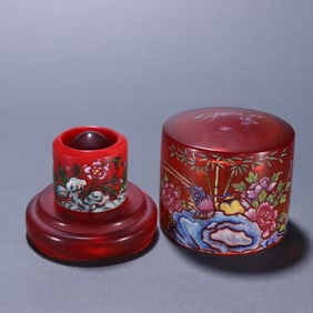 Glassware Carved Flower and Bird Pattern Lid Box and Glassware Carved Flower Pattern Thumb Ring
