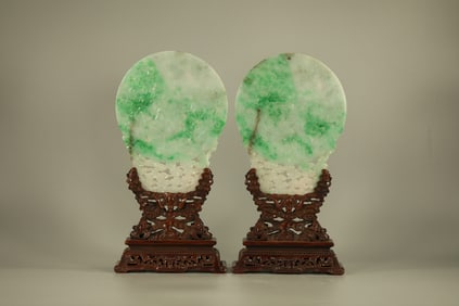 Pair of Jadeite Carved Flower and Bird Pattern Table Plaque