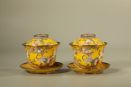 Pair of Bronze Enamel Blue Base Crane and Peach Pattern Lid Cup