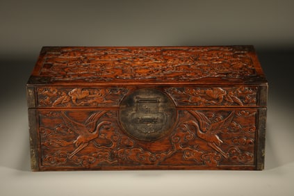 Huanghuali Wood Carved Dragon and Crane Pattern Lid Box