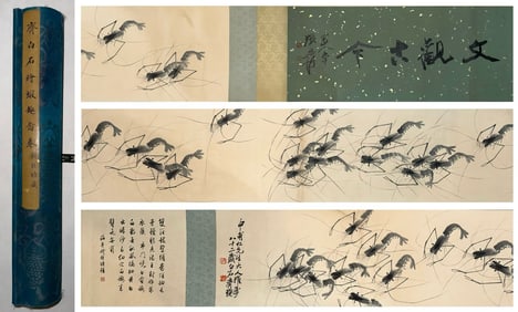Chinese Drawing Shrimp Hand Scroll,Qi Baishi Mark