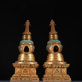 Pair of Gilt Bronze Inlaid Gem Stone Carved Beast Pattern Pagoba