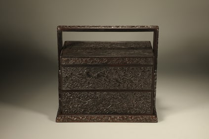 Red Sandalwood Carved Flower and Character Pattern Food Tray Box