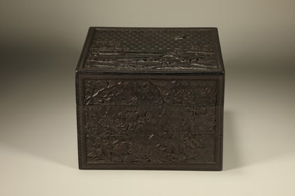 Red Sandalwood Carved Flower and Bird Pattern Lid Box
