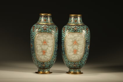 Pair of Bronze Cloisonne Carved Cloud and Bat Pattern Vase
