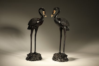 Pair of Red Sandalwood Inlaid Shoushan Carved Crane Shape Incense Burner