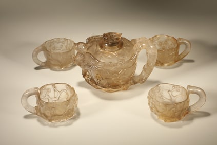 Group of Five White Crystal Carved Magpie with Plum Flower Pattern Teapot and Cup