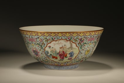 Famille Rose Flower and Playing Children Pattern Porcelain Bowl