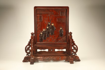 Huanghuali Wood Carved Character Story Pattern Table Plaque