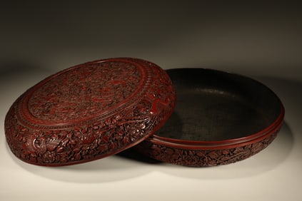 Lacquerware Red Carved Flower and Dragon Pattern Lid Box