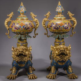 Pair of Bronze Cloisonne Carved Dragon Pattern Lion Shape Incense Burner