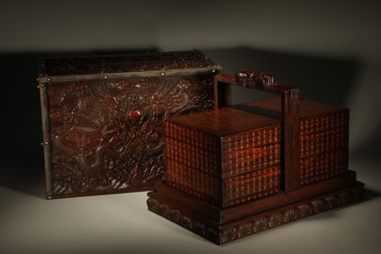Huanghuali Wood Carved Dragon Pattern Food Tray Box