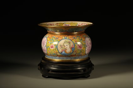 Bronze Enamel Blue Base Landscape and Character Pattern Pot