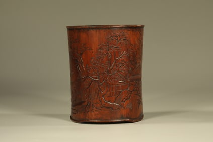 Huanghuali Wood Carved Bamboo and Poetry Pattern Brush Pot
