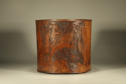 Huanghuali Wood Carved Landscape and Poetry Pattern Brush Pot