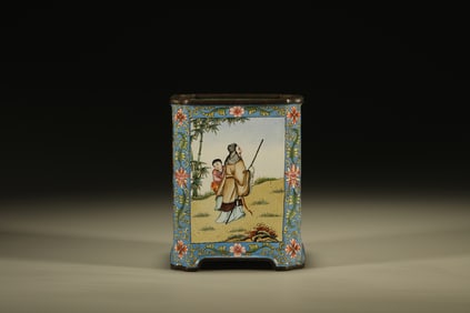 Bronze Enamel Blue Base Character Story Pattern Brush Pot