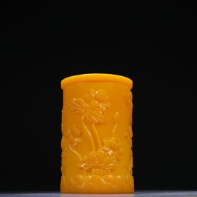 Glassware Carved Flower and Bird Pattern Brush Pot