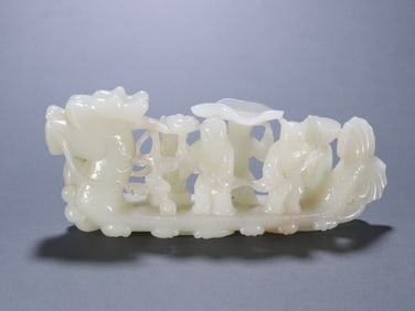 Jade Carved Character and Dragon Shape Boat Ornament