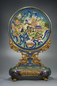 Bronze Cloisonne Carved Landscape Pattern Table Plaque