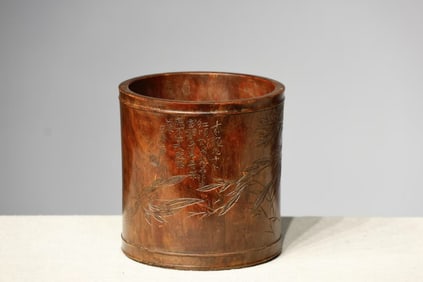 Huanghuali Wood Carved Flower and Poetry Pattern Brush Pot