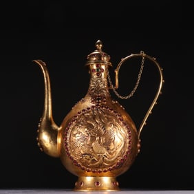 Gilt Bronze Inlaid Gem Stone Carved Phoenix Pattern Pot