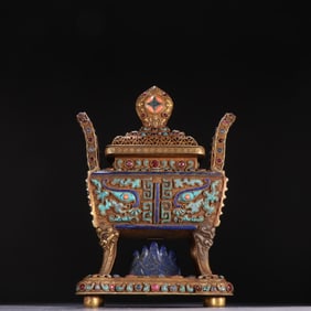 Gilt Silver Inlaid Gem Stone and Turquoise Carved Beast Face Pattern Double Ears Incense Burner