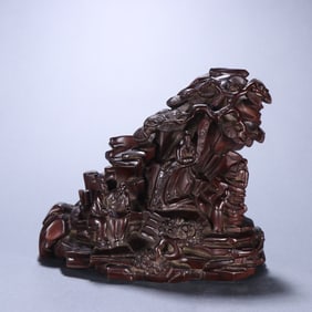 Red Sandalwood Carved Pine Tree and Character Shape Ornament