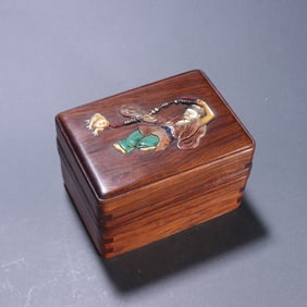 Huali Wood Inlaid Gem Stone Carved Liuhai Playing with Toad Pattern Lid Box