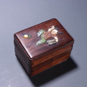 Huali Wood Inlaid Gem Stone Carved Playing Children Pattern Lid Box