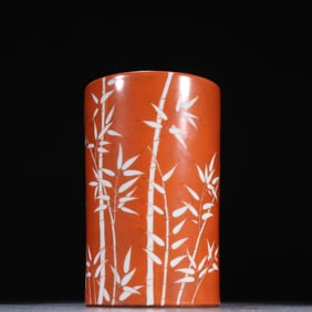 Red Glazed Bamboo Pattern Porcelain Brush Pot