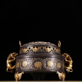 Gilt Bronze Carved Dragon and Phoenix Pattern Double Beast Ears Incense Burner