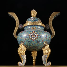 Bronze Cloisonne Carved Flower and Dragon Pattern Double Ears Incense Burner