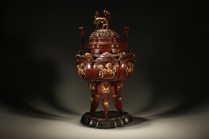 Agarwood Gold Drawing Carved Lion Pattern Double Ears Incense Burner