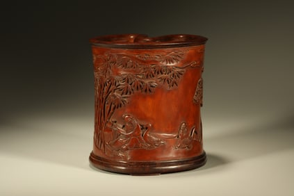 Boxwood Carved Bamboo and Character Story Pattern Brush Pot