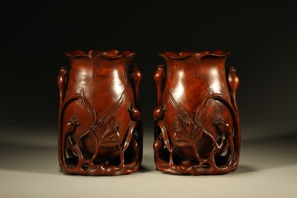 Pair of Boxwood Carved Flower Pattern Zun