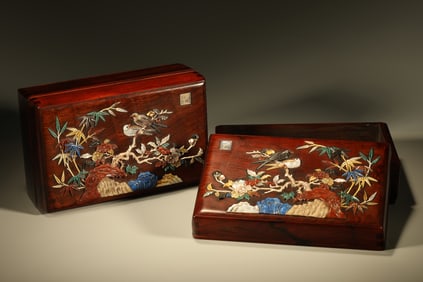Pair of Huanghuali Wood Inlaid Gem Stone Carved Flower and Bird Pattern Lid Box