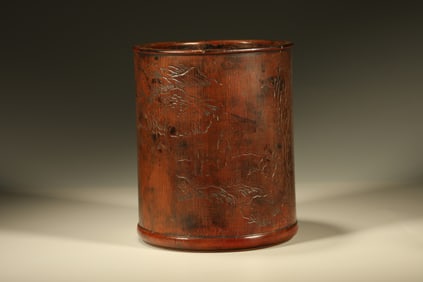 Bamboo Carved Landscape and Character Story & Poetry Pattern Brush Pot