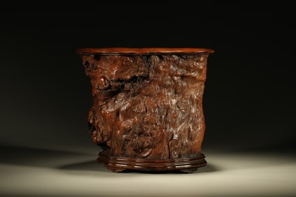 Wood Carved Tree Burl Shape Brush Pot