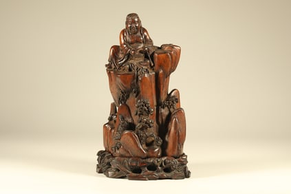 Agarwood Carved Liuhai Playing with Toad Ornament