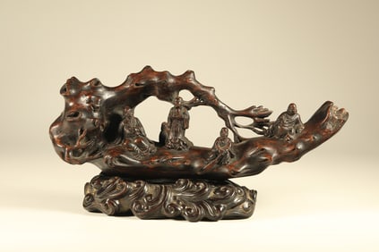 Agarwood Carved Character and Boat Shape Ornament