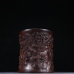 Rosewood Carved Character Story and Pine Tree Pattern Brush Pot