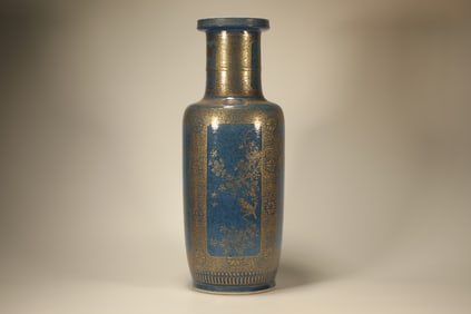 Bright Blue Glazed Gold Drawing Flower and Bird Pattern Porcelain Vase